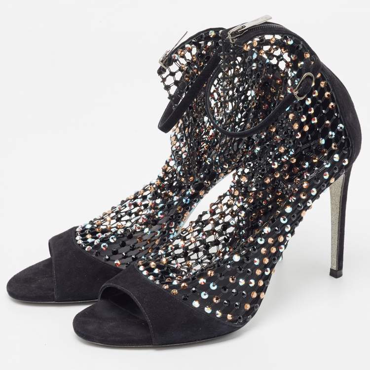 مملوكة مسبقًا Rene Caovilla Black Suede And Mesh Crystal Embellished Galaxia Open Toe Ankle Strap Sandals Size 39