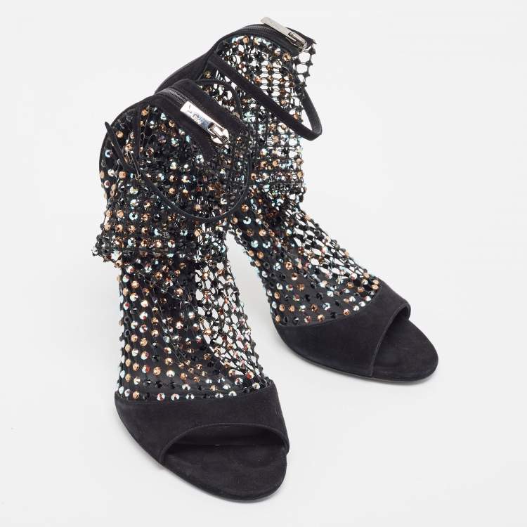مملوكة مسبقًا Rene Caovilla Black Suede And Mesh Crystal Embellished Galaxia Open Toe Ankle Strap Sandals Size 39