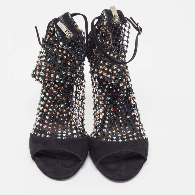 مملوكة مسبقًا Rene Caovilla Black Suede And Mesh Crystal Embellished Galaxia Open Toe Ankle Strap Sandals Size 39