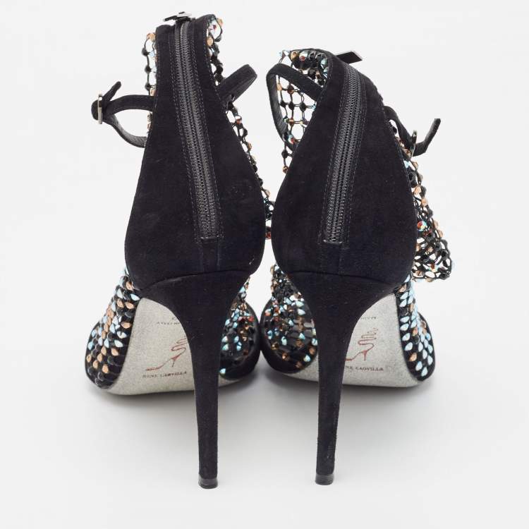 مملوكة مسبقًا Rene Caovilla Black Suede And Mesh Crystal Embellished Galaxia Open Toe Ankle Strap Sandals Size 39