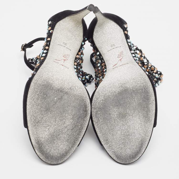 مملوكة مسبقًا Rene Caovilla Black Suede And Mesh Crystal Embellished Galaxia Open Toe Ankle Strap Sandals Size 39