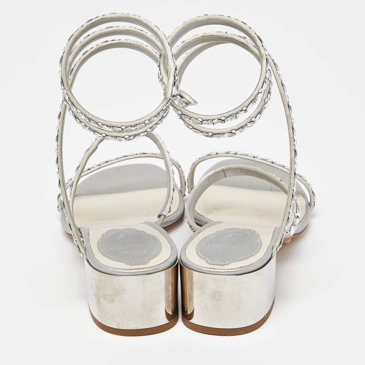 Pre Owned René Caovilla Silver Crystal Embellished Satin Cleo Sandals Size 36