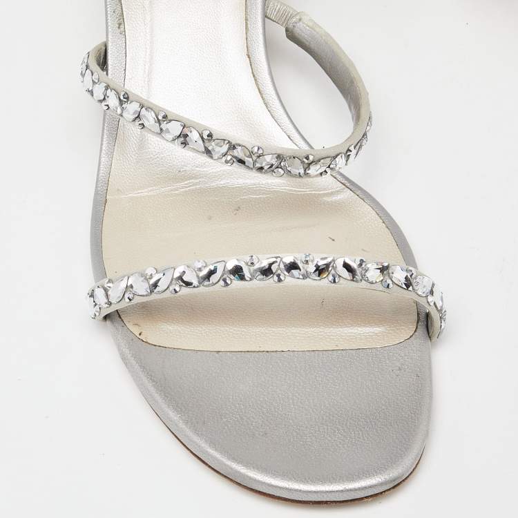 Pre Owned René Caovilla Silver Crystal Embellished Satin Cleo Sandals Size 36