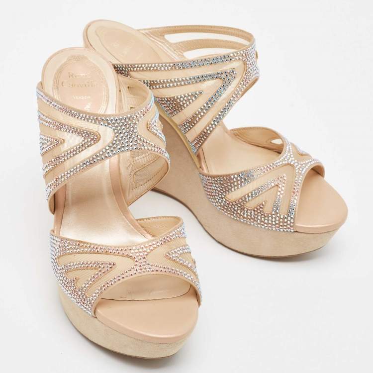 Pre Owned René Caovilla Beige Crystal Embellished Satin Wedge Platform Slide Sandals Size 36