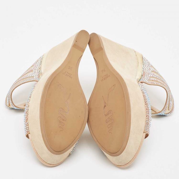 Pre Owned René Caovilla Beige Crystal Embellished Satin Wedge Platform Slide Sandals Size 36