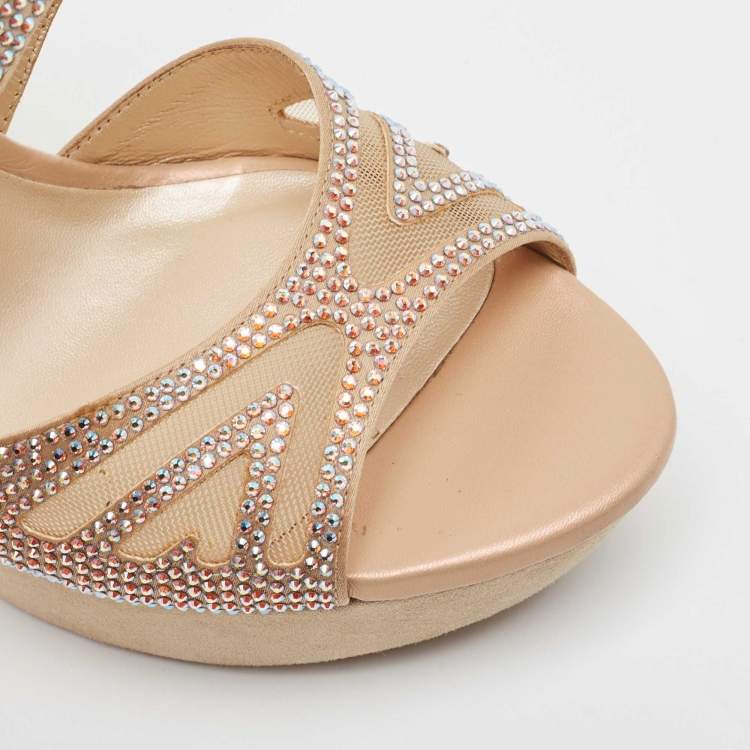 Pre Owned René Caovilla Beige Crystal Embellished Satin Wedge Platform Slide Sandals Size 36