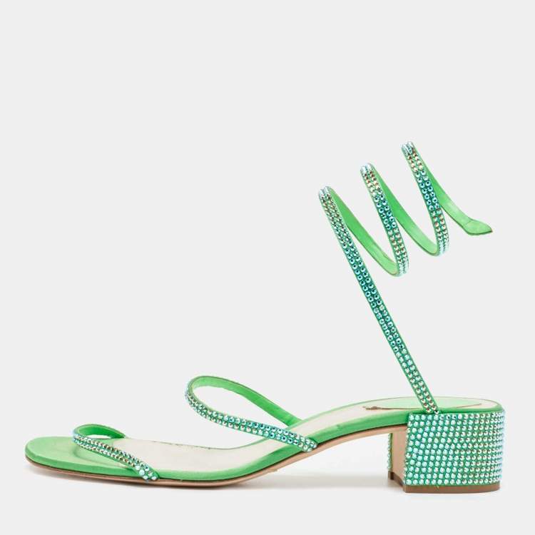 Rene Caovilla Green Crystal Embellished Satin Cleo Sandals Size 40 René ...