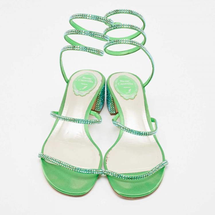 Pre Owned Rene Caovilla Green Crystal Embellished Satin Cleo Sandals Size 40