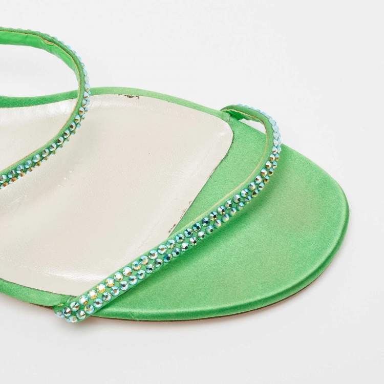 Pre Owned Rene Caovilla Green Crystal Embellished Satin Cleo Sandals Size 40