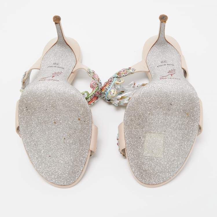 Pre Owned René Caovilla Metallic Pink Leather and Crystal Embellished Lace Slide Sandals Size 36