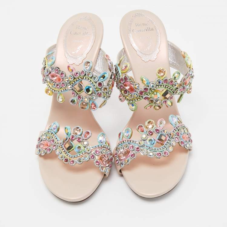 Pre Owned René Caovilla Metallic Pink Leather and Crystal Embellished Lace Slide Sandals Size 36