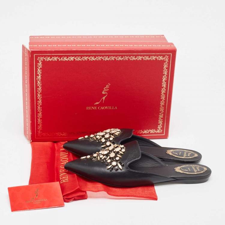 Pre Owned Rene Caovilla Black Leather Crystal Embellished Pointed Toe Flat Mules Size 39