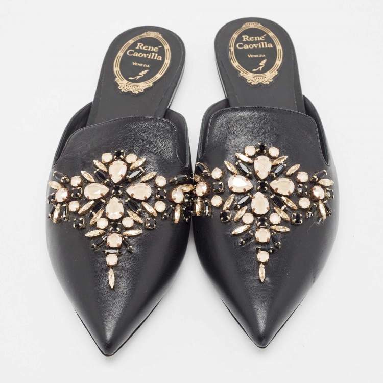 Pre Owned Rene Caovilla Black Leather Crystal Embellished Pointed Toe Flat Mules Size 39