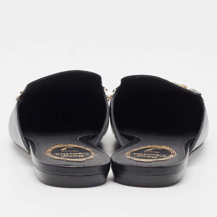 Pre Owned Rene Caovilla Black Leather Crystal Embellished Pointed Toe Flat Mules Size 39