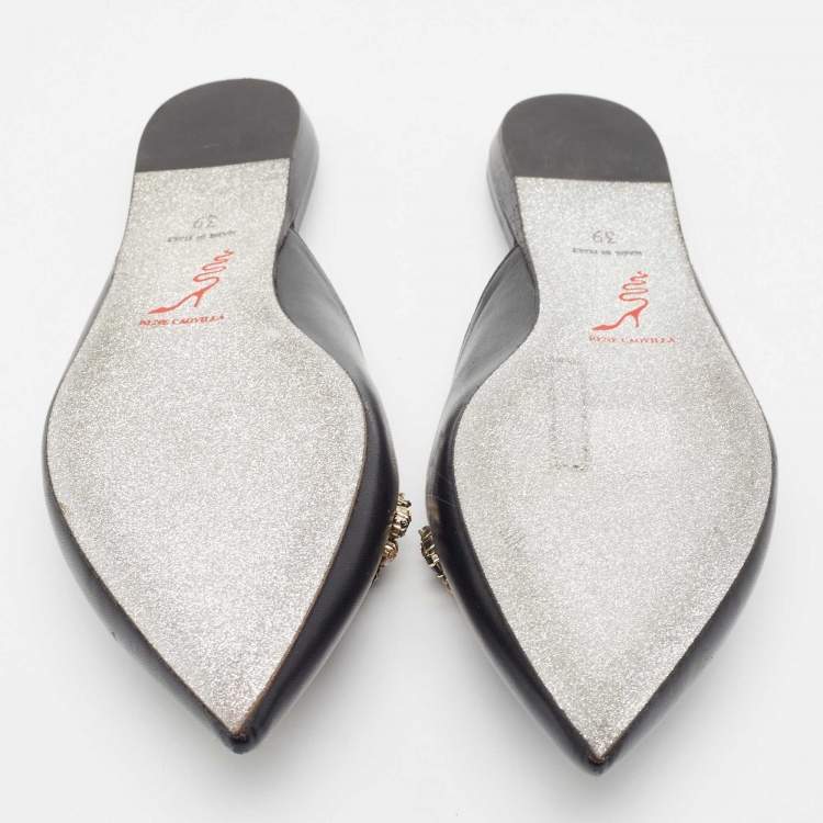 Pre Owned Rene Caovilla Black Leather Crystal Embellished Pointed Toe Flat Mules Size 39