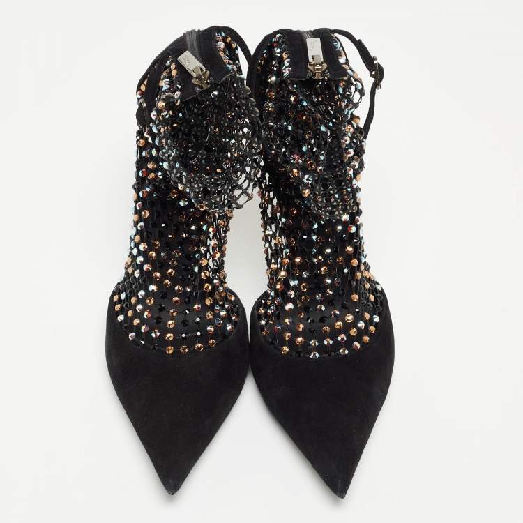Pre Owned Rene Caovilla Black Suede And Mesh Crystal Embellished Galaxia Pointed Toe Ankle Strap Booties Size 39