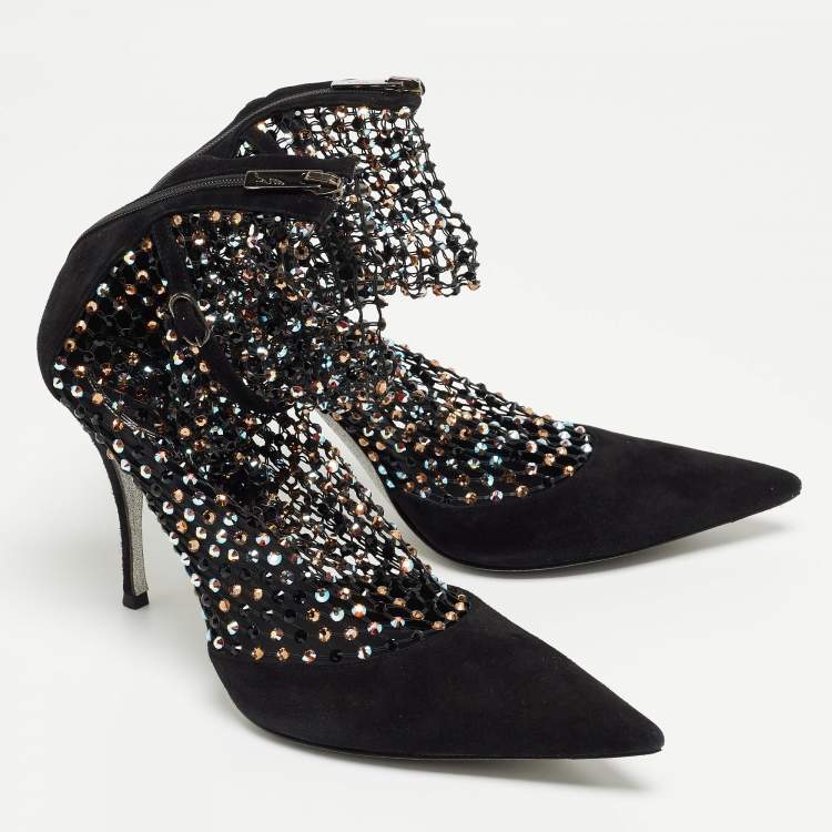 Pre Owned Rene Caovilla Black Suede And Mesh Crystal Embellished Galaxia Pointed Toe Ankle Strap Booties Size 39