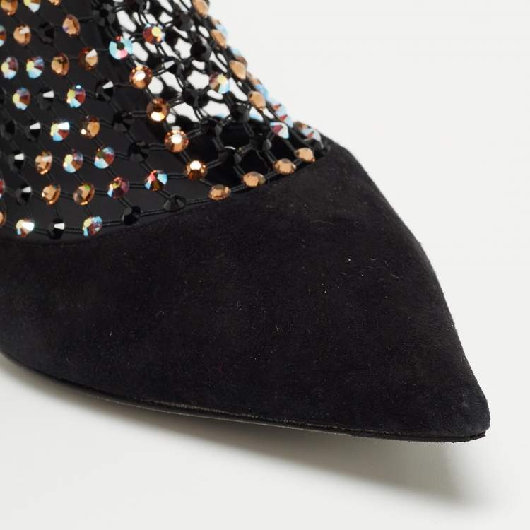 Pre Owned Rene Caovilla Black Suede And Mesh Crystal Embellished Galaxia Pointed Toe Ankle Strap Booties Size 39