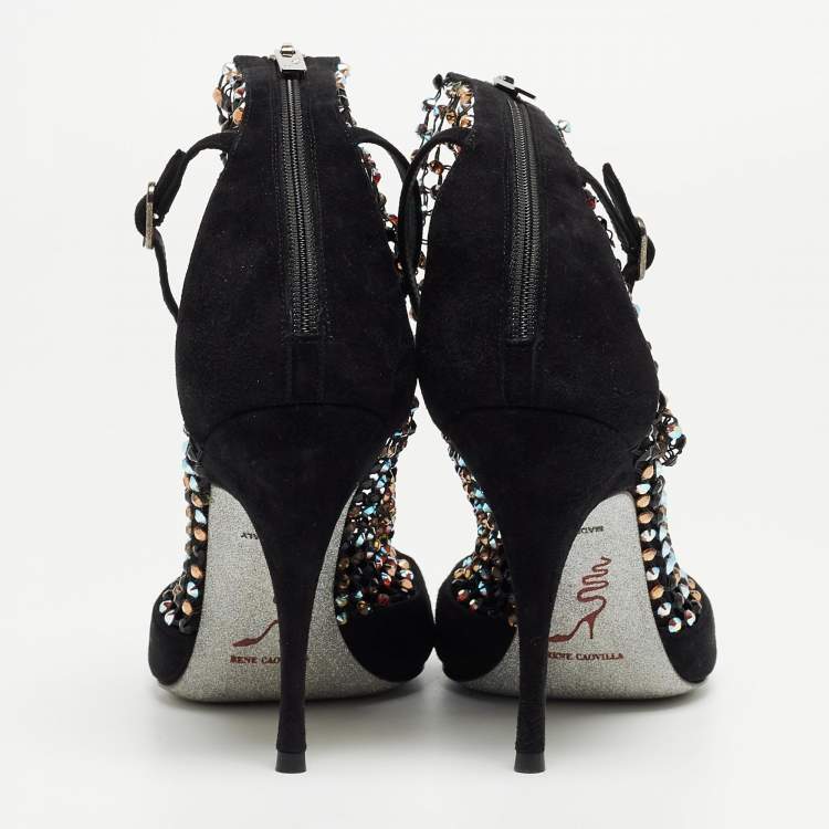 Pre Owned Rene Caovilla Black Suede And Mesh Crystal Embellished Galaxia Pointed Toe Ankle Strap Booties Size 39