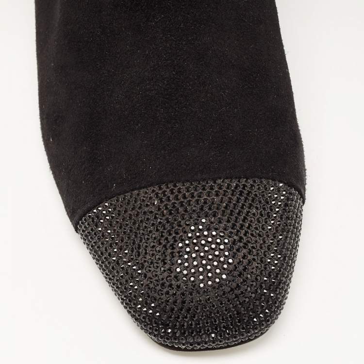 Pre Owned Rene Caovilla Black Suede Crystal Embellished Mid Calf Boots Size 37