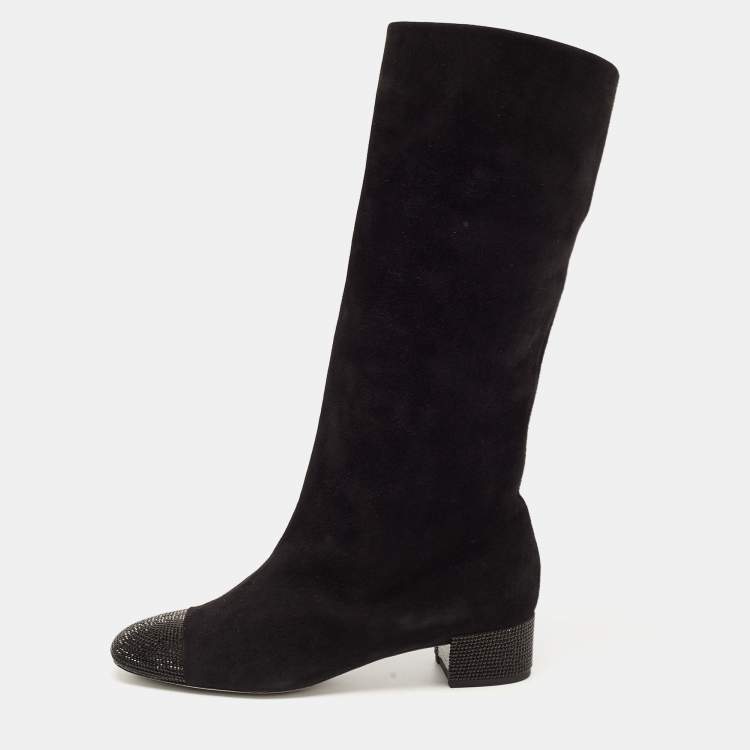 Pre Owned Rene Caovilla Black Suede Crystal Embellished Mid Calf Boots Size 37