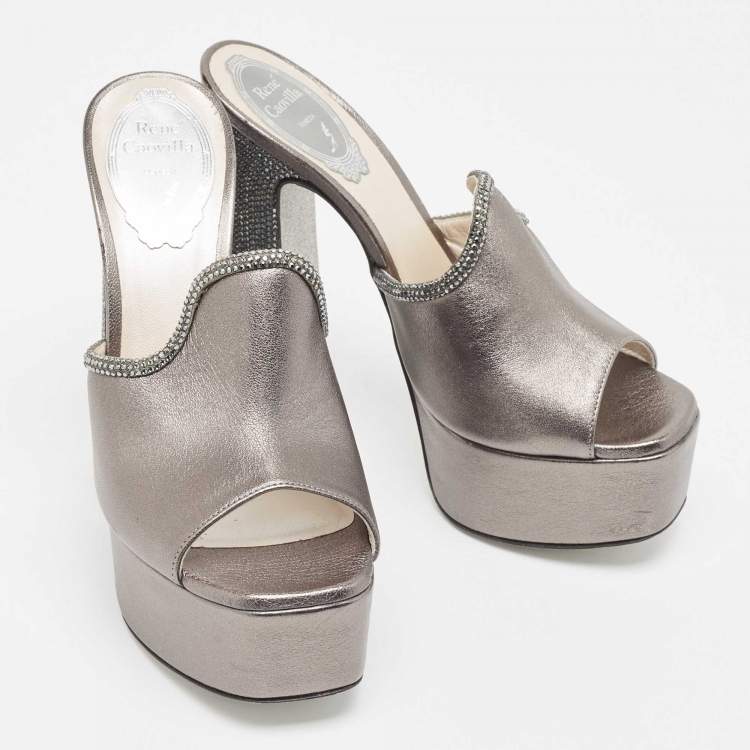 Pre Owned René Caovilla Silver Leather Wedge Sandals Size 36