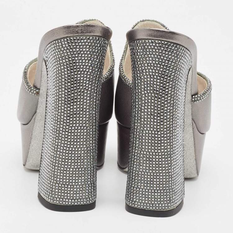Pre Owned René Caovilla Silver Leather Wedge Sandals Size 36