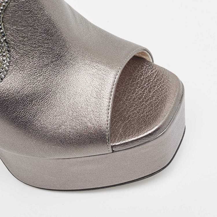 Pre Owned René Caovilla Silver Leather Wedge Sandals Size 36