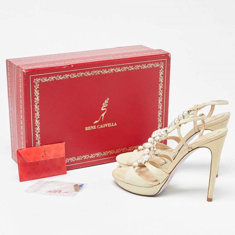 Pre Owned Rene Caovilla Beige Canvas Pearl T Strap Sandals Size 37