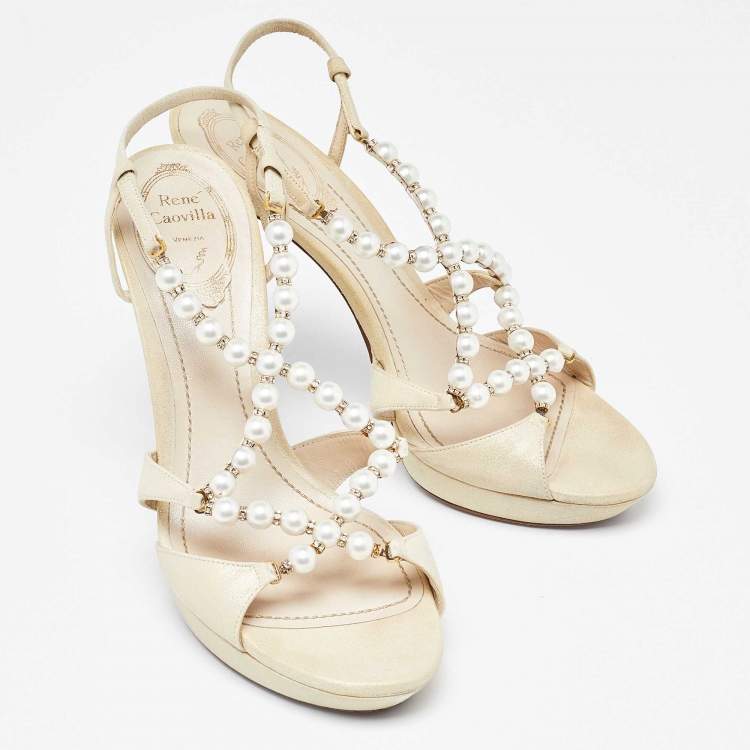 Pre Owned Rene Caovilla Beige Canvas Pearl T Strap Sandals Size 37