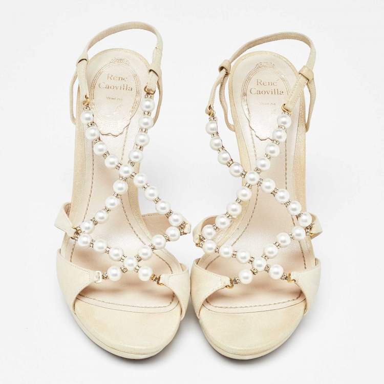 Pre Owned Rene Caovilla Beige Canvas Pearl T Strap Sandals Size 37
