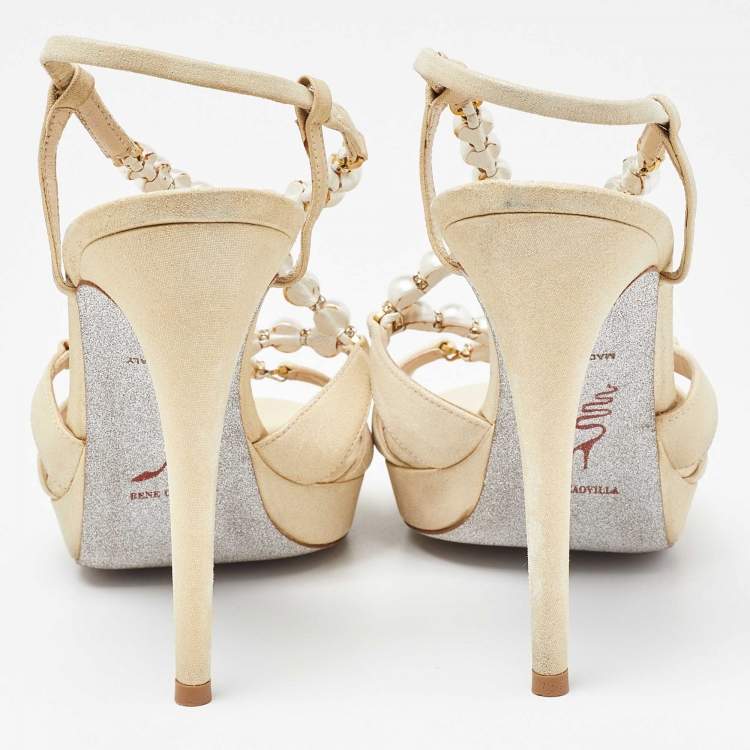 Pre Owned Rene Caovilla Beige Canvas Pearl T Strap Sandals Size 37