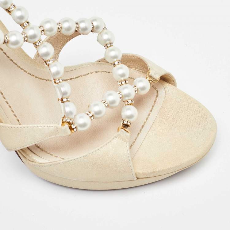 Pre Owned Rene Caovilla Beige Canvas Pearl T Strap Sandals Size 37