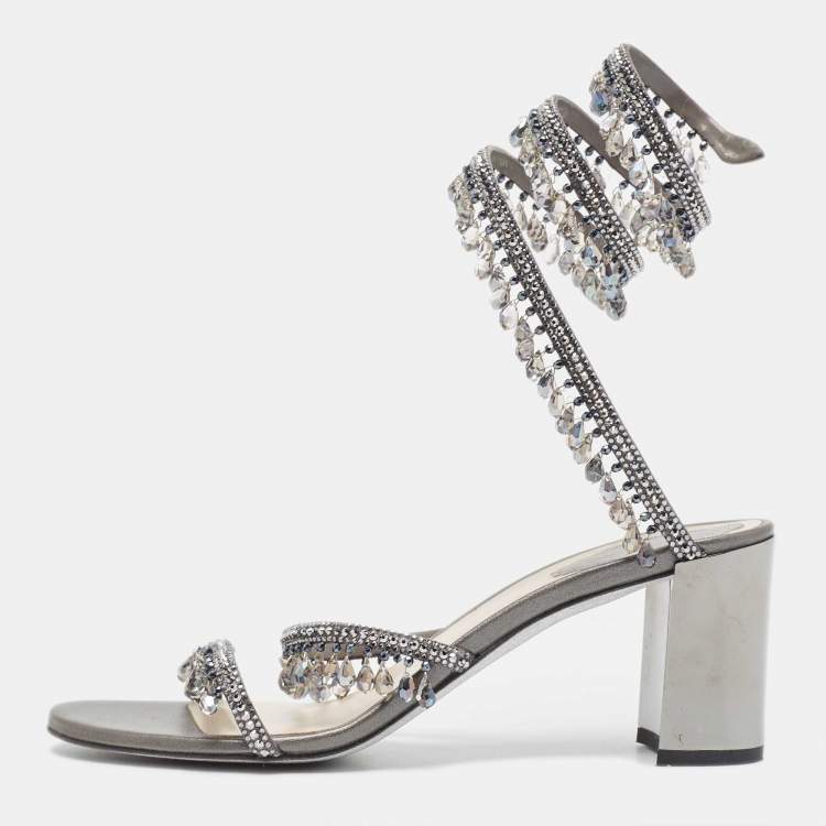 Pre Owned Rene Caovilla Metallic Grey Leather Cleo Chandelier Ankle Wrap Sandals Size 39