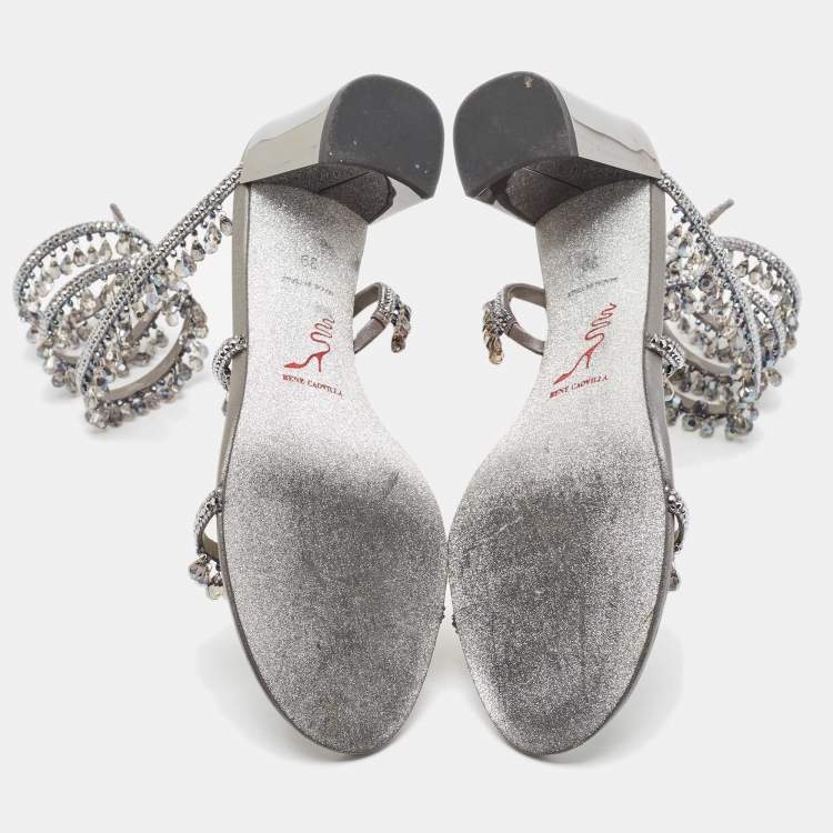 Pre Owned Rene Caovilla Metallic Grey Leather Cleo Chandelier Ankle Wrap Sandals Size 39