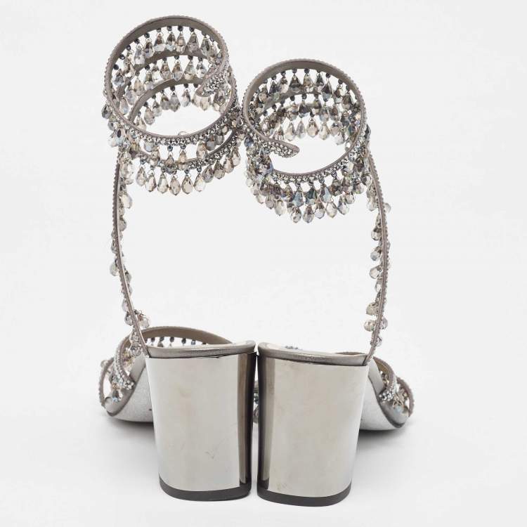 Pre Owned Rene Caovilla Metallic Grey Leather Cleo Chandelier Ankle Wrap Sandals Size 39