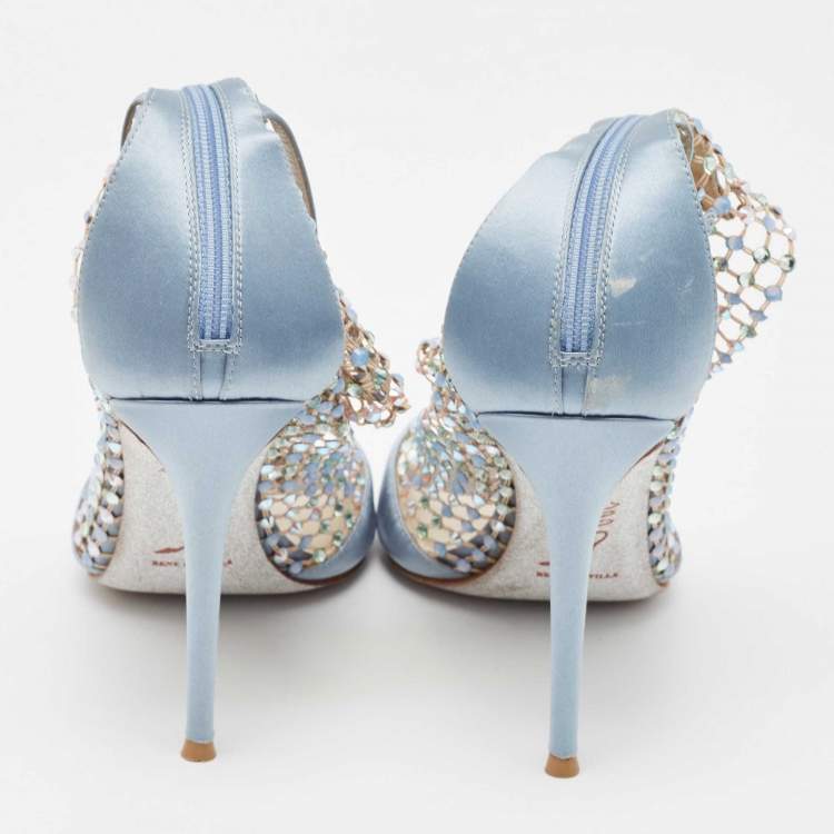 Pre Owned René Caovilla Blue Satin and Crystal Embellished Mesh Galaxia Sandals Size 39