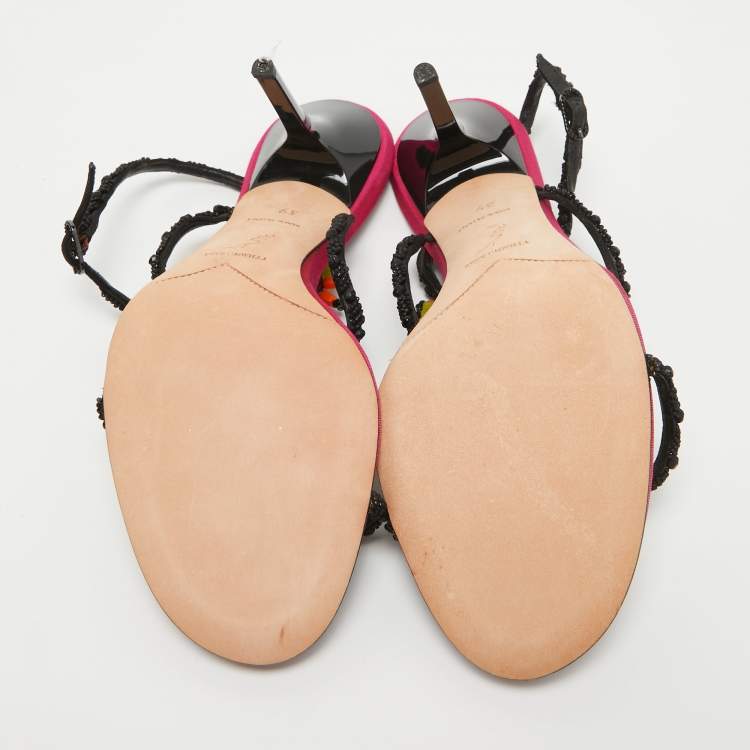 Pre Owned René Caovilla Black Satin Embellished Slingback Sandals Size 39