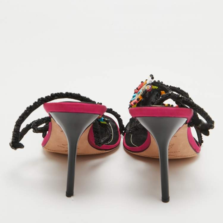 Pre Owned René Caovilla Black Satin Embellished Slingback Sandals Size 39