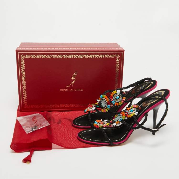 Pre Owned René Caovilla Black Satin Embellished Slingback Sandals Size 39