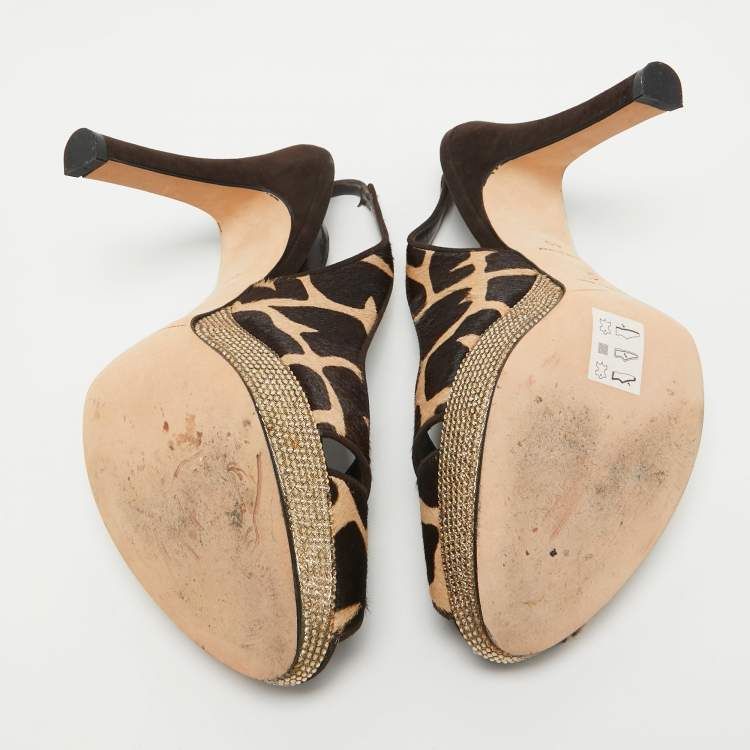 Pre Owned René Caovilla Brown Calf Hair Embellished Slingback Sandals Size 40