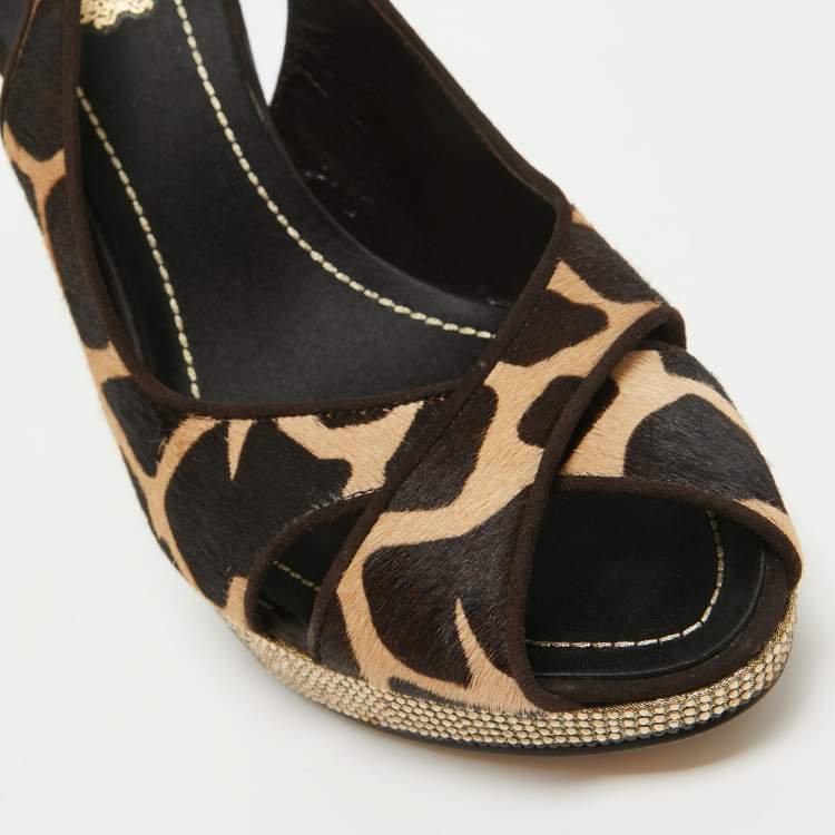 Pre Owned René Caovilla Brown Calf Hair Embellished Slingback Sandals Size 40