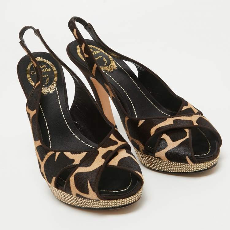 Pre Owned René Caovilla Brown Calf Hair Embellished Slingback Sandals Size 40