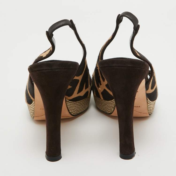 Pre Owned René Caovilla Brown Calf Hair Embellished Slingback Sandals Size 40