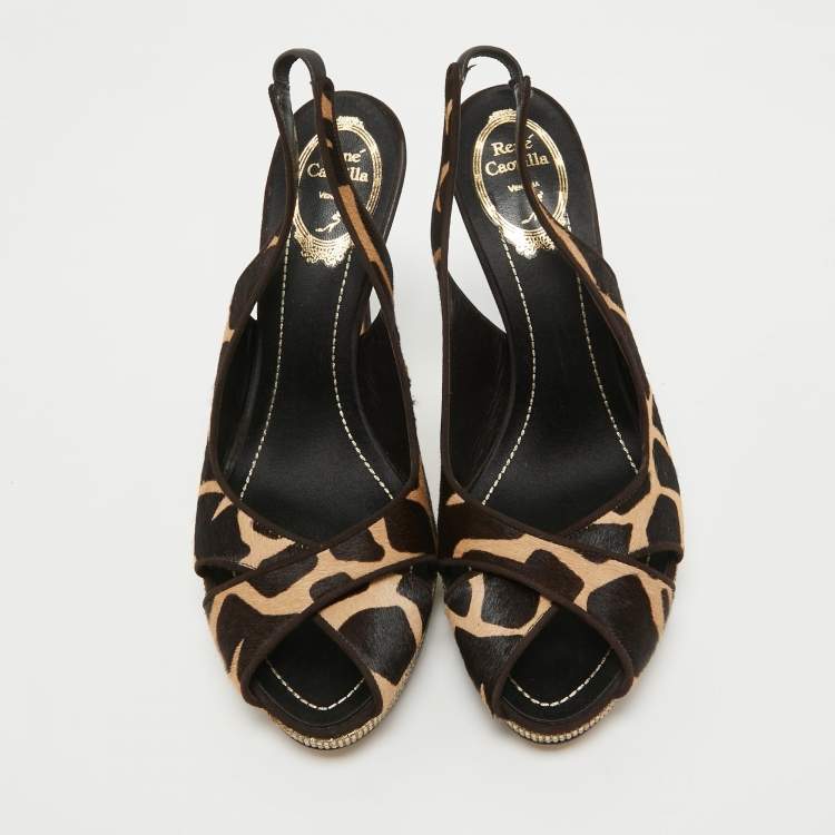 Pre Owned René Caovilla Brown Calf Hair Embellished Slingback Sandals Size 40