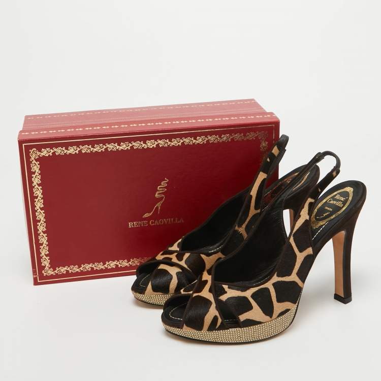 Pre Owned René Caovilla Brown Calf Hair Embellished Slingback Sandals Size 40
