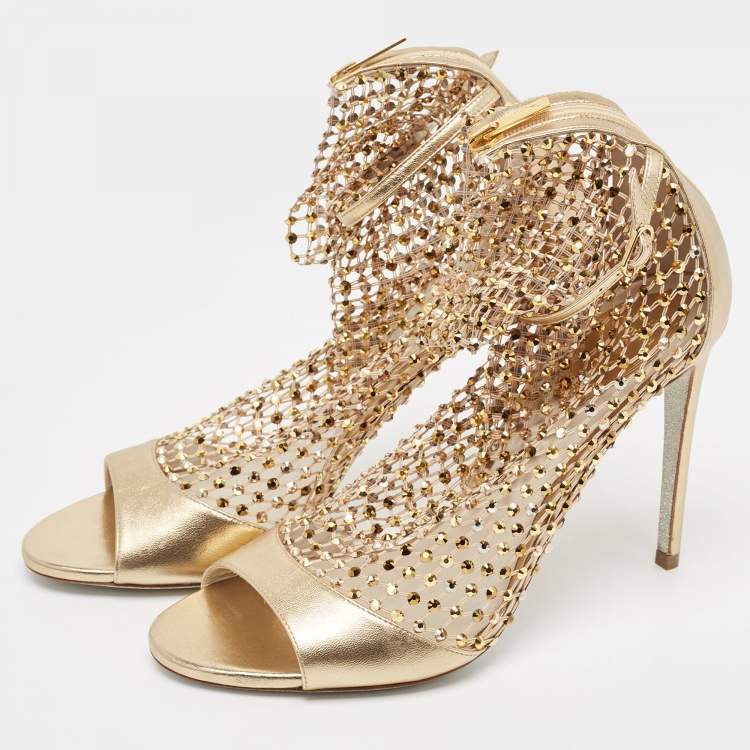 Pre Owned Rene Caovilla Lace And Leather Crystal Embellished Galaxia Sandals Size 40