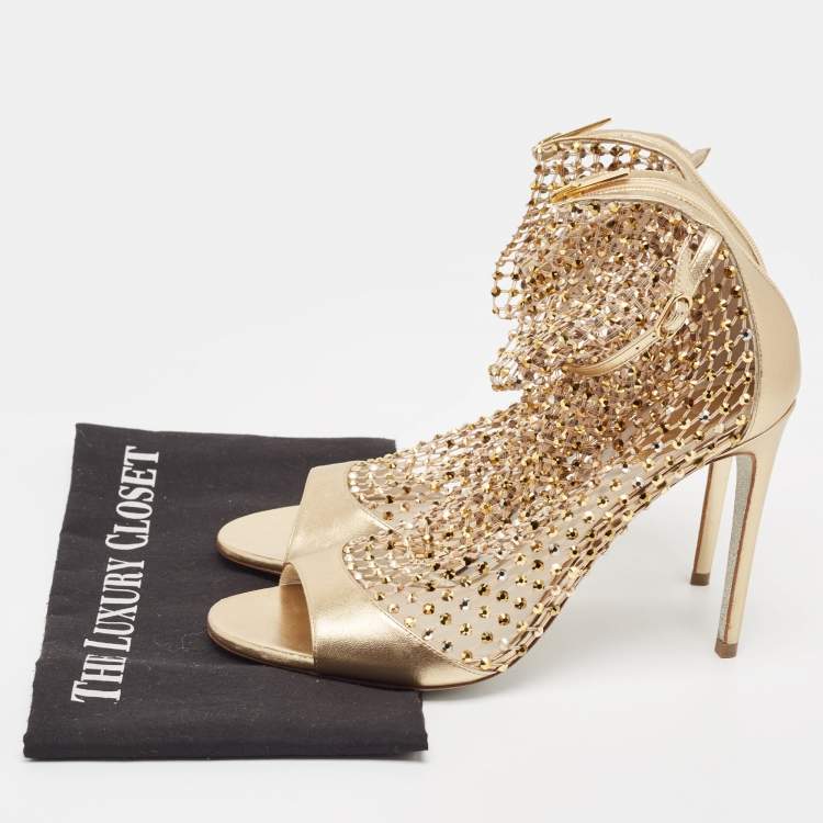 Pre Owned Rene Caovilla Lace And Leather Crystal Embellished Galaxia Sandals Size 40