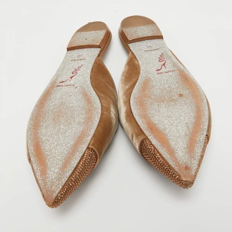 Pre Owned René Caovilla Brown Velvet Crystal Embellished Flat Mules Size 39