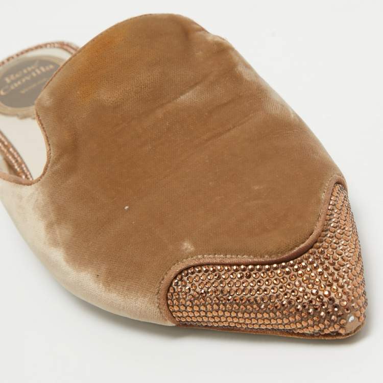 Pre Owned René Caovilla Brown Velvet Crystal Embellished Flat Mules Size 39